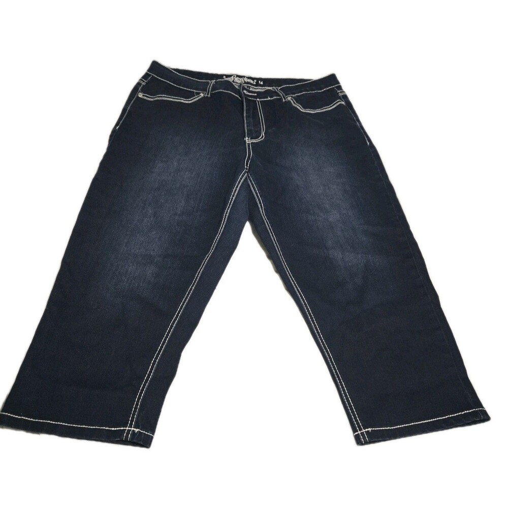 Revolt Womens Capri Jeans Size 14 Dark Wash Embroidered Pockets Stretch